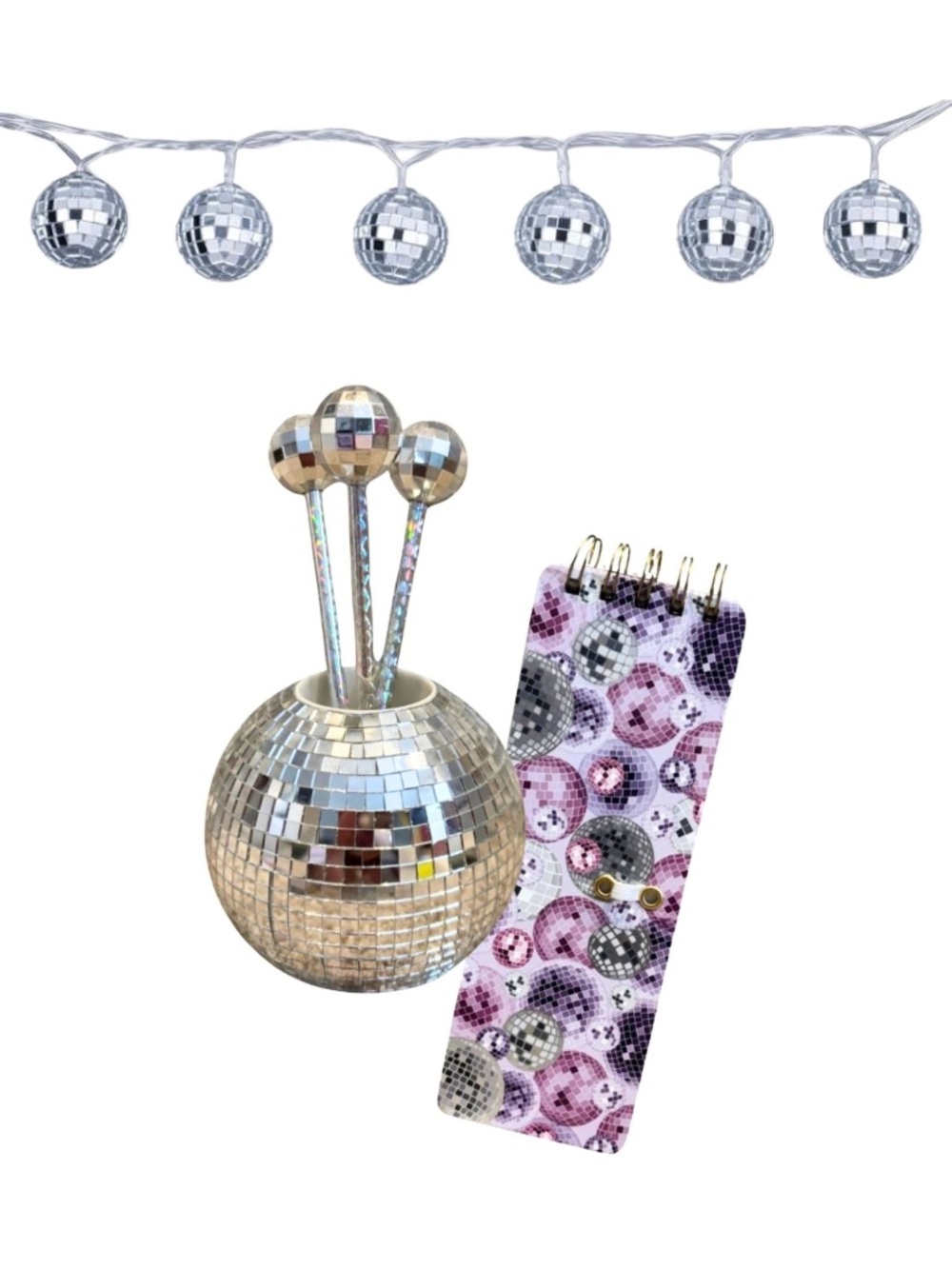 Disco Ball Pen Holder With Pens, Notebook & LED String Lights Bundle